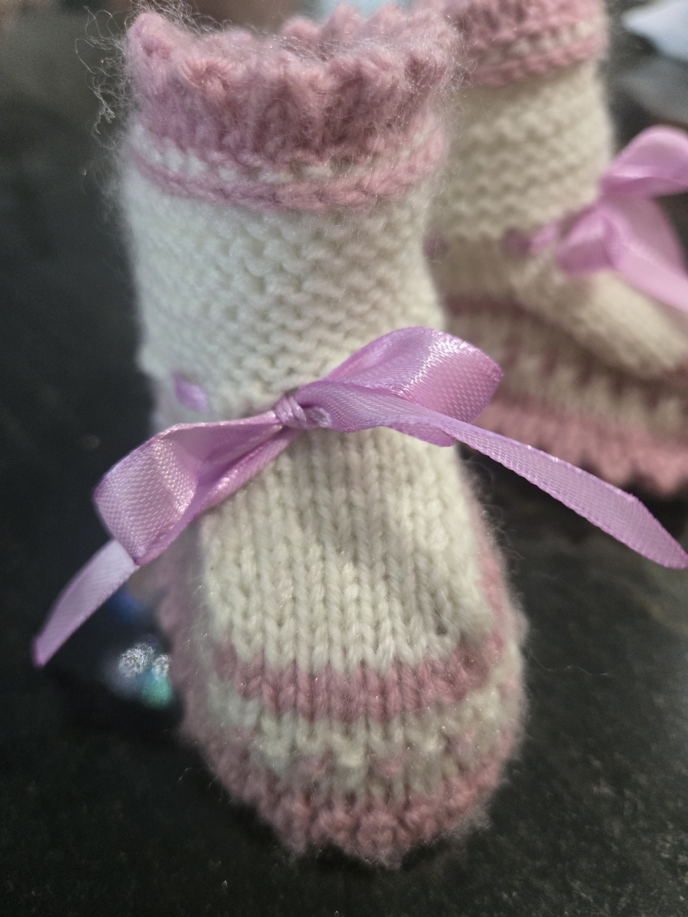 Soft Knit Baby Slippers with Pink Ribbon Accent